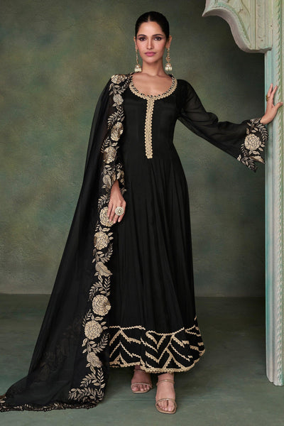 Black Color Embroidered Readymade Silk Fabric Anarkali Style Long Gown With Dupatta.