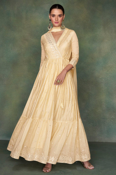 Beige Color Silk Fabric Embroidered Readymade Anarkali Style Long Gown With Dupatta.