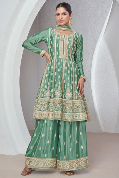 Vartika Singh Phenomenal Green Color Chinon Fabric Readymade Palazzo Suit.