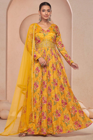 Tempting Yellow Color Georgette Anarkali Suit With Floral Printed Work - women's fashion mart