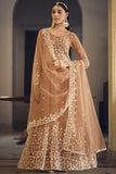 Brown Color Embroidered Wedding Wear Long Anarkali Salwar Suit In Net Fabric.