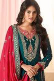 Beautiful Sangeet Wear Teal Color Embroidered Art Silk Fabric Readymade Palazzo Suit.
