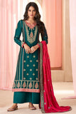 Beautiful Sangeet Wear Teal Color Embroidered Art Silk Fabric Readymade Palazzo Suit.