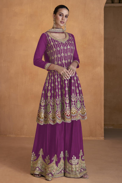 Chinon Fabric Embroidered Purple Color Readymade Palazzo Suit.