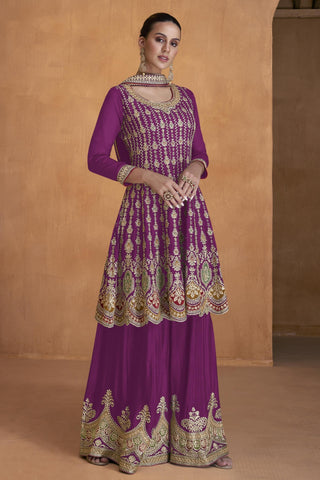 Chinon Fabric Embroidered Purple Color Readymade Palazzo Suit.
