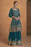 Chinon Fabric Embroidered Readymade Palazzo Suit In Teal Color.
