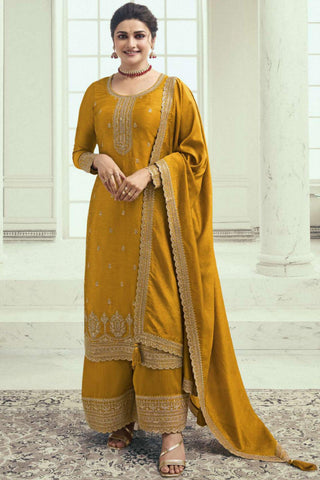 Prachi Desai Mustard Color Function Look Palazzo Suit In Georgette Silk Fabric.