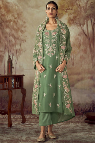Art Silk Fabric Sea Green Color Excellent Salwar Suit In Party Wear.