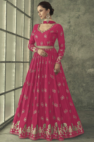 Soft Weaving Work Rani Color Readymade Party Look Gown With Dupatt.