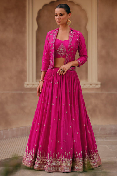 Rani Color Chinon Fabric Embroidered Readymade Indo Western Lehenga With Jacket.