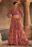 Wedding Wear Chinon Fabric Pink Color Readymade Indo Western Lehenga With Jacket.