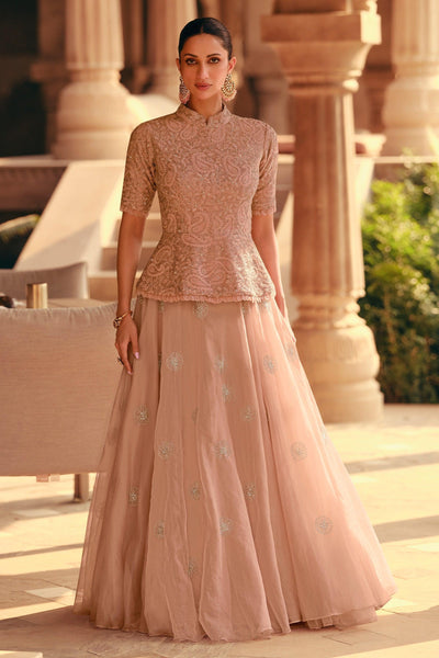 Peach Color Chinon Fabric Readymade Embroidered Indo Western Sharara Top Lehenga.