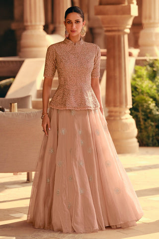 Peach Color Chinon Fabric Readymade Embroidered Indo Western Sharara Top Lehenga.