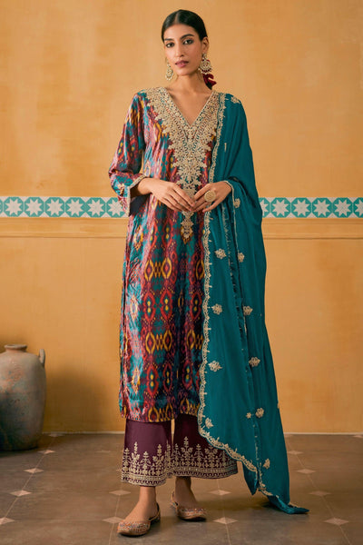 Wine Color Function Wear Digital Print Palazzo Salwar Suit In Velvet Fabric.