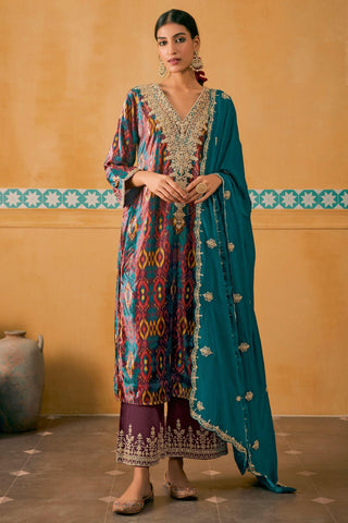 Wine Color Function Wear Digital Print Palazzo Salwar Suit In Velvet Fabric.