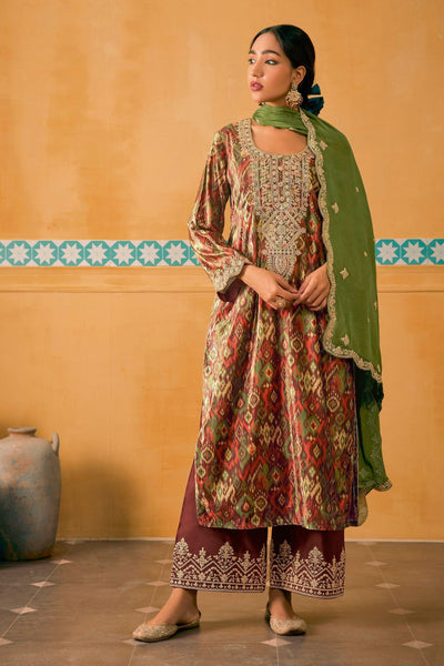 Brown Color Velvet Fabric Fancy Digital Print Function Wear Palazzo Salwar Kameez.
