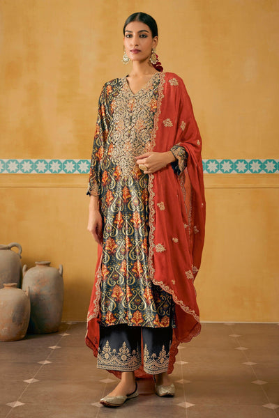 Velvet Fabric Digital Print Grey Color Festive Wear Palazzo Salwar Suit.
