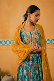 Velvet Fabric Fancy Digital Print Function Wear Palazzo Salwar Kameez In Cyan Color.