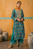 Velvet Fabric Fancy Digital Print Function Wear Palazzo Salwar Kameez In Cyan Color.