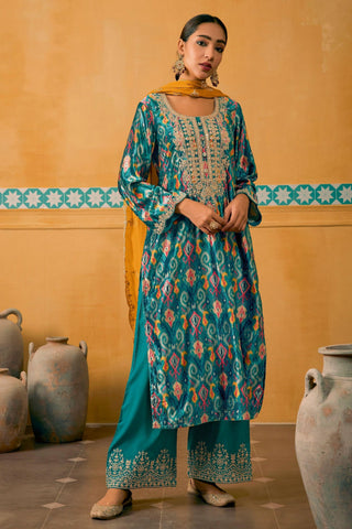 Velvet Fabric Fancy Digital Print Function Wear Palazzo Salwar Kameez In Cyan Color.