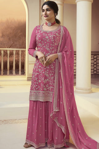 Prachi Desai Amazing Pink Color Chinon Fabric Palazzo Suit.