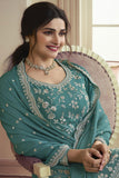 Prachi Desai Trendy Chinon Fabric Cyan Color Palazzo Suit.