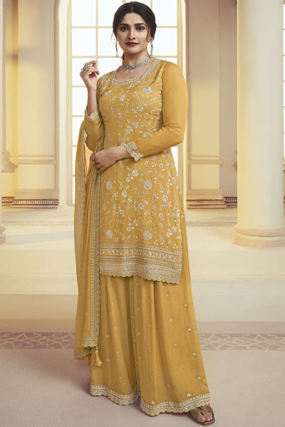 Prachi Desai Yellow Color Chinon Fabric Chic Palazzo Suit.