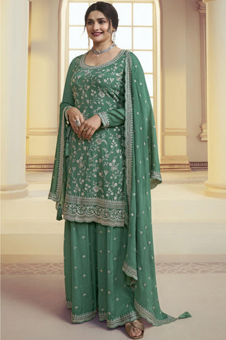 Prachi Desai Chinon Fabric Green Color Gorgeous Palazzo Suit.