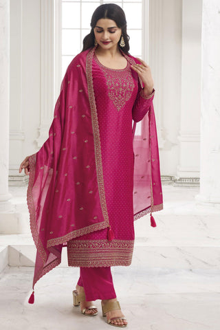 Prachi Desai Rani Color Embroidered Straight Cut Salwar Suit In Georgette Silk Fabric.