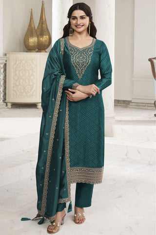 Prachi Desai Georgette Silk Fabric Embroidered Straight Cut Salwar Suit In Green Color.