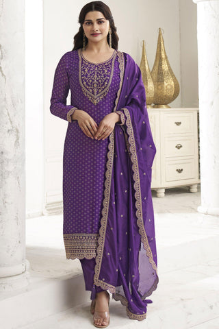 Prachi Desai Embroidered Purple Color Straight Cut Salwar Suit In Georgette Silk Fabric.