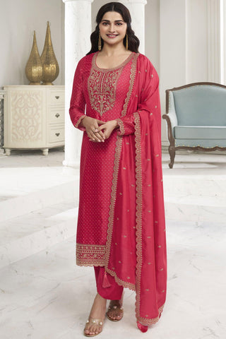 Prachi Desai Embroidered Georgette Silk Fabric Straight Cut Salwar Suit In Pink Color.