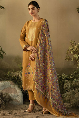 Banarasi Fabric Adorming Party Look Salwar Suit In Mustard Color.