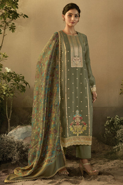 Party Look Olive Color Inventive Salwar Suit In Banarasi Fabric.