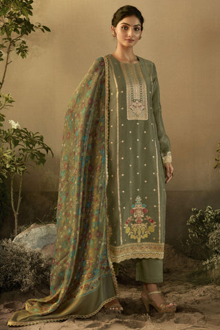 Party Look Olive Color Inventive Salwar Suit In Banarasi Fabric.