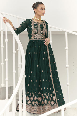 Dark Green Color Georgette Fabric Party Wear Readymade Long Anarkali Style Gown With Dupatta.