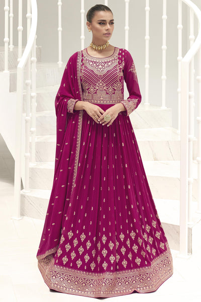 Georgette Fabric Magenta Color Party Wear Embroidered Readymade Long Anarkali Style Gown With Dupatta.