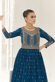 Teal Color Party Wear Embroidered Readymade Long Anarkali Style Gown With Dupatta.