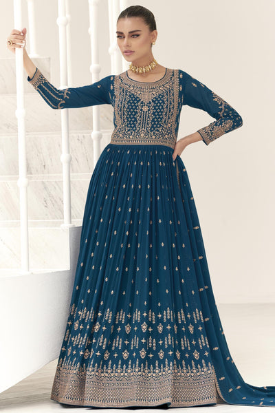 Teal Color Party Wear Embroidered Readymade Long Anarkali Style Gown With Dupatta.