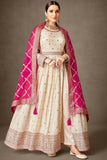 Beige Viscose Fabric Embroidered Readymade Long Anarkali Salwar Suit.