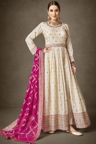 Beige Viscose Fabric Embroidered Readymade Long Anarkali Salwar Suit.