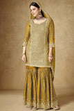 Festive Wear Embroidered Chinon Fabric Readymade Palazzo Suit In Mustard Color.