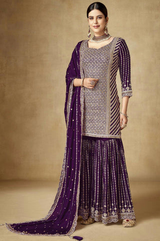 Purple Color Chinon Fabric Fancy Embroidered Function Wear Readymade Palazzo Salwar Kameez.