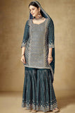 Chinon Fabric Embroidered Teal Color Festive Wear Readymade Palazzo Salwar Suit.