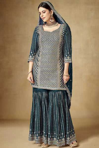 Chinon Fabric Embroidered Teal Color Festive Wear Readymade Palazzo Salwar Suit.