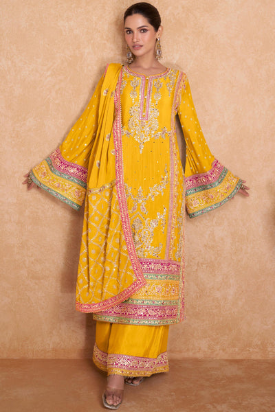 Delight Yellow Color Chinon Fabric Fancy Embroidered Readymade Palazzo Salwar Kameez.