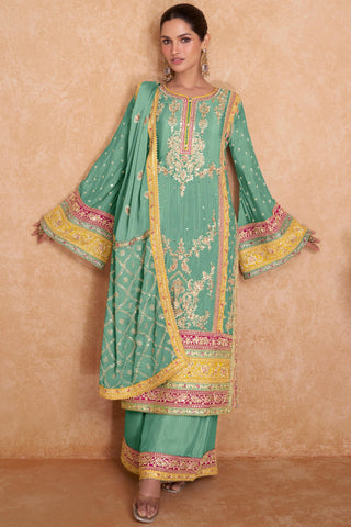 Sea Green Color Embroidered Readymade Palazzo Salwar Suit In Chinon Fabric.