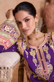 Chinon Fabric Embroidered Readymade Palazzo Salwar Kameez In Purple Color.