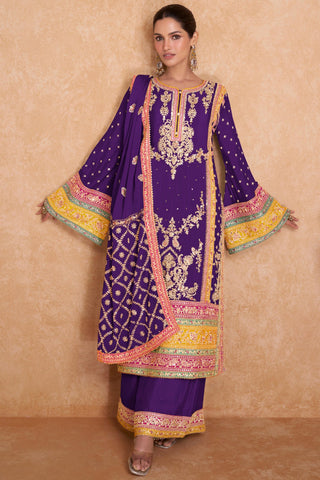 Chinon Fabric Embroidered Readymade Palazzo Salwar Kameez In Purple Color.