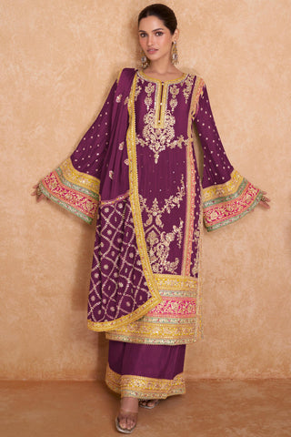 Wine Embroidered Chinon Fabric Readymade Palazzo Salwar Kameez.
